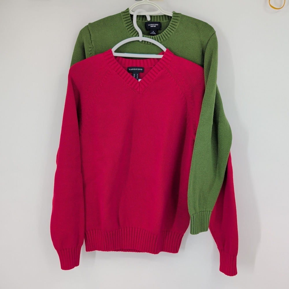Lands End Drifter V-Neck Sweater Bundle 2pk Red & Olive Green 100% Cotton Small